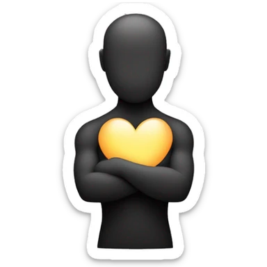 A minimalist figure hugging itself with both arms crossed over its chest. The figure is stylized and simple, with no facial details, and a glowing circle at the center of its chest symbolizing love. sticker