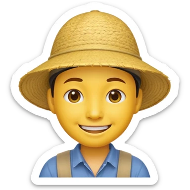 Yellow emoji smiley face with stereotypical Chinese facial features and rice farmer hat sticker