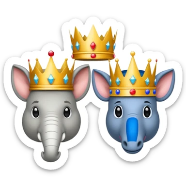 Democratic Party elephant facing Republican Party donkey with face of Donald Trump wearing a crown in between them sticker