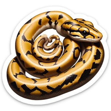A photo-realistic top-down view of a Ball Python gently coiled into a tight spiral, with its head resting peacefully at the center. Its scales are warm brown with bold, irregular black markings, including the distinctive “alien-head” pattern, flowing smoothly along its body.  sticker