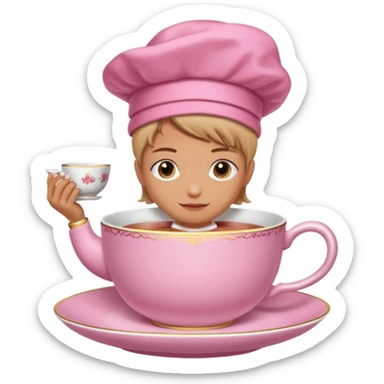 A pink teacup filled with tea, placed on a matching pink saucer, with gentle steam rising from the cup. Soft lighting, cozy and warm atmosphere sticker