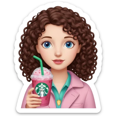 make an emoji of a loose curly brunette, blue-eye girl, wearing light pink drinking a strawberry acai refresher from starbucks sticker