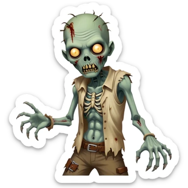 Cinematic Realistic WoW undead friendly zombie Portrait, captured in a fierce, battle-ready stance, muscles taut beneath his tattered, earth-toned attire. His decayed, pallid skin and glowing eyes are rendered with intense lifelike detail and dynamic lighting, high shine, embodying the raw, relentless fury of an undead friendly zombie in the heat of combat. sticker