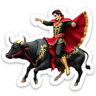 ​Cinematic Realistic Spanish Matador in Action, depicted in an ornate traje de luces with a flowing red cape, captured in the dramatic moment of confronting a charging bull in a traditional bullring, rendered with dynamic motion and dramatic lighting that encapsulates the intensity and artistry of the spectacle, sticker