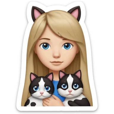 Apple-style emoji sticker of a young woman with long dark blond hair and bang, blue eyes , holding a cat black and white like a cow patch on her chest.  sticker
