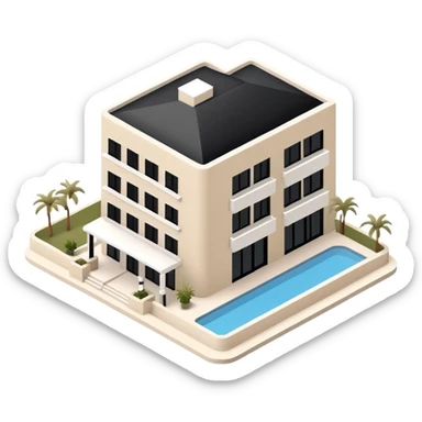 Isometric exterior beige, black and white resort hotel, modern dollhouse style 3D realistic  sticker