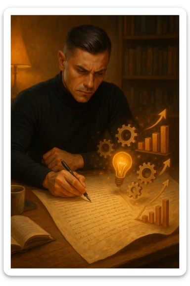 Un uomo concentrato, seduto alla sua scrivania in una stanza con luce calda, sta scrivendo su un enorme foglio di carta che si espande magicamente davanti a lui. Mentre scrive, le parole si trasformano in elementi visivi tridimensionali che rappresentano le soluzioni ai suoi problemi in italiano sticker