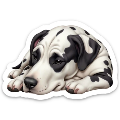Meme-Worthy Cute Sleeping Harlequin Great Dane Portrait Emoji, Head resting peacefully with a contented smile, showcasing a delightfully majestic build and a luxuriously soft coat of predominantly white with bold black patches, eyes shut in a serene nap, Simplified yet hilariously adorable features, highly detailed, glowing with a soft, drowsy light, high shine, relaxed and utterly lovable, stylized with an air of playful laziness, bright and heartwarming, soft glowing outline, capturing the essence of a comically sleepy guardian, so meme-worthy it feels like it could instantly become the next viral sensation of adorable slumber! sticker