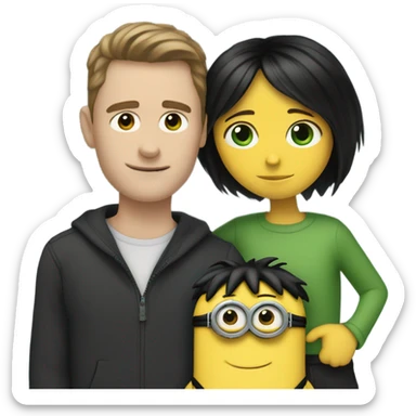 white male, brown eyes, black hair hugging and holding a minion with green eyes  sticker