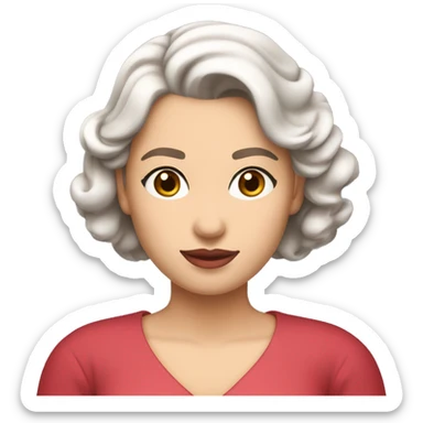 She has soft features, fair skin, and almond-shaped eyes. Her defined eyebrows and natural pink lips frame her face. Her dark, wavy hair is partly tied back, giving her an elegant yet relaxed look.  She wears a red V-neck long luxurious dress. White skin. sticker