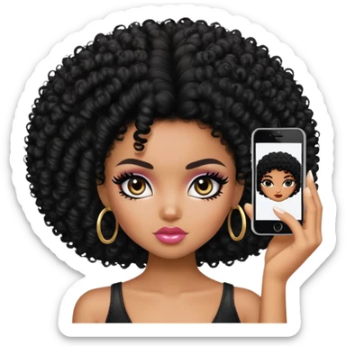 pretty bratz baddie, black eyeliner, dark skin, black curly short afro hair, black  eyes sticker