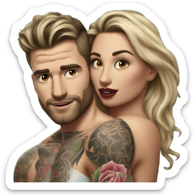 Hyper Realistic beautiful woman in the arms of a very handsome tattooed man kissing  sticker
