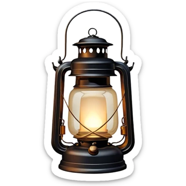Cinematic Realistic Lantern, an old-fashioned glass lantern with a warm flickering glow, delicate details on the metal handle, softly illuminating the surrounding darkness, glowing with a comforting and nostalgic charm. sticker