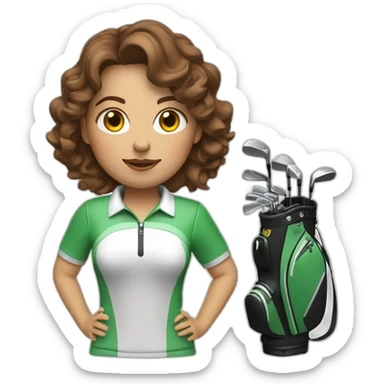 female with brown wavy hair dressed in golfwear with golf gear sticker