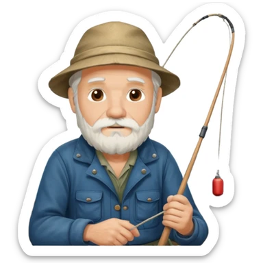 an old white haired, bearded man in fisherman attire, sat in a big boat on the ocean, casting a fishing line into the water sticker