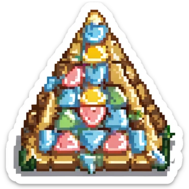 Convert the image to a playful, pixel art dalgona candy in sticker style with a white border, shaped like a triangle. The style should be sticker-like, playful, and pixel art. sticker