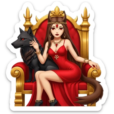Caramel skin toned Lilith symbol seductress evil brown straight long hair haired, sexy succubus woman with red and black Chanel dress sitting on a Black and gold throne. A large black wolf laying beside he sticker