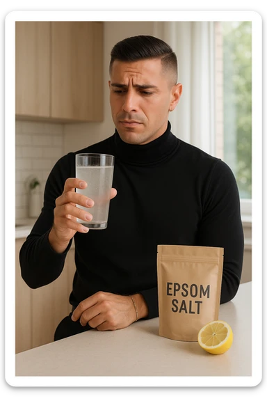 A realistic, bright photo-style image of a young man in his 30s standing in his kitchen, holding a clear glass filled with water in which Epsom salt (magnesium sulfate) has been dissolved. He looks focused but slightly uncertain as he prepares to drink it for a liver flush or digestive cleanse. The glass shows slight cloudiness from the dissolved salt. On the counter are a packet labeled 'Epsom Salt' and a sliced lemon, suggesting he might use it to mask the taste. The setting is clean, natural, and bright with neutral tones. The background shows sunlight streaming through a window, emphasizing a clean, minimalist health-focused environment. The mood conveys a realistic, calm moment of self-care with a hint of discomfort, illustrating a natural detox practice sticker