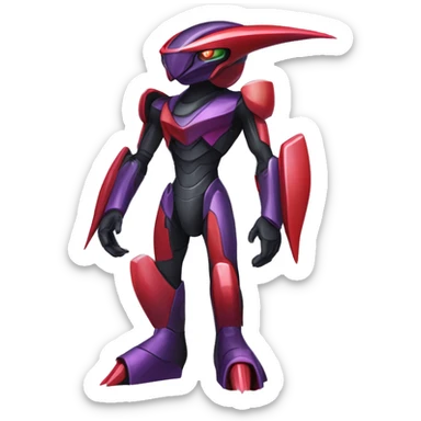 a shiny black-purple-red Genesect-Flygon-Raptor-Fakémon-Medabot-hybrid with a futuristic visor-helmet full body sticker