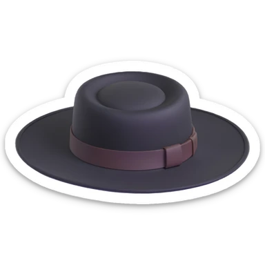 billy jack hat, shown from a slight angle, black felt, flat top, wide brim, minimal decoration sticker