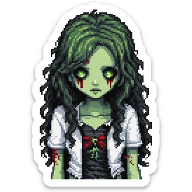 girl zombie with black long curly hair, emo style sticker