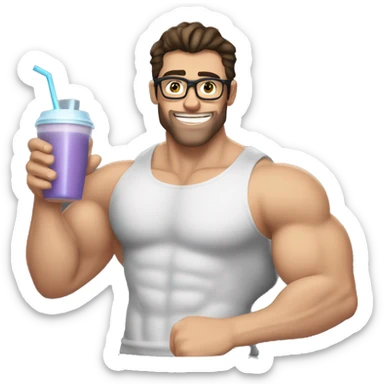 caucasian white muscled guy dark hair drinking a protein shake, half body shirtless, wear glasses sticker