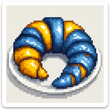 Put the blue Danish croissant on a white plate, keep the original pixel art style sticker