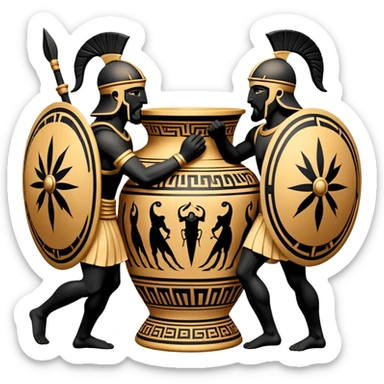 Cinematic-realistic Grecian urn, an exquisite black-figure pottery masterpiece resting in the dim glow of an ancient temple. Intricate golden depictions of two warrior fighting with spears and warriors encircle its curved form, telling timeless myths of heroism and tragedy.  sticker