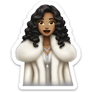 pretty elegant light brown woman with diamonds long black curly hair  and white fur coat and big lips sticker