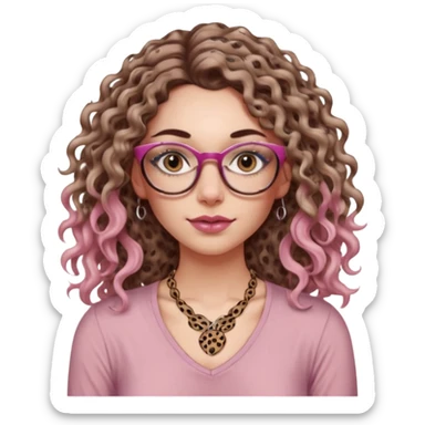 a gray eyed woman with light brunette long curly hair, full lips, pink soft blush and pale skin with leopard printed thin round-ish glasses wearing a silky brown top, a neck tatto that is in the middle of the neck so tiny saying before sunrise in a dactilo font. sticker