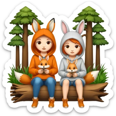 two forest women with cute fox and rabbit hoodies sitting together on log sticker