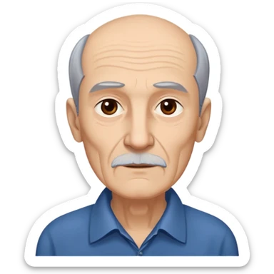 Elderly thin man with light skin. Narrow face with visible cheekbones and jawline. Signs of aging with some wrinkles. Expressive dark brown eyes, thick eyebrows. Short brown hair with receding hairline. Untidy brown beard with some gray strands. Wearing a dark blue shirt. sticker