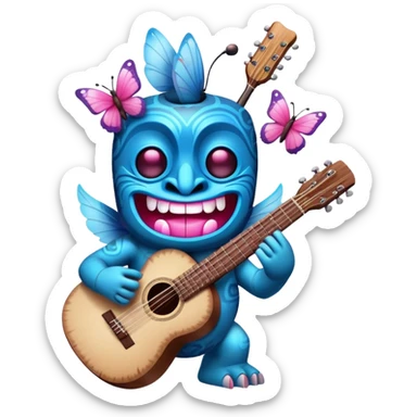 Pixar style little Cartoon Blue and pink tiki singing with a butterfly and playing a guitar, ultra detailed and lifelike imagery sticker