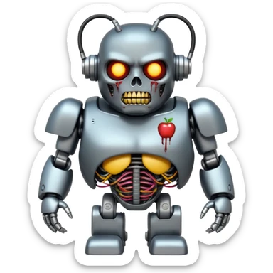 fat zombie robot terminator character, straight-on angle, rounded features, bright colors, clean transparent background, Apple emoji style sticker