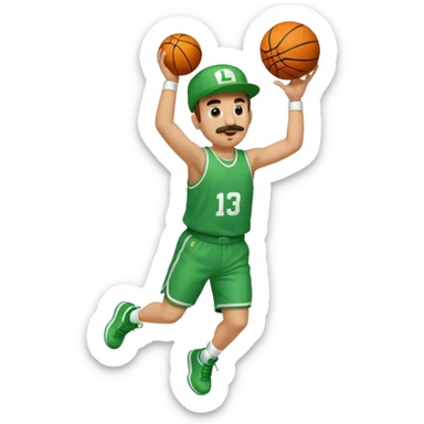 Luigi from Smash Bros dunking a basketball, emoji style sticker