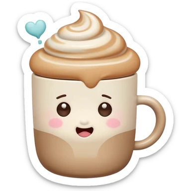 Cute Kawaii Coffee Cup, cozy and warm, a tiny swirl of steam shaped like a heart, round chubby face with a sleepy but content expression, soft pastel brown and cream colors, perfect morning vibes! sticker