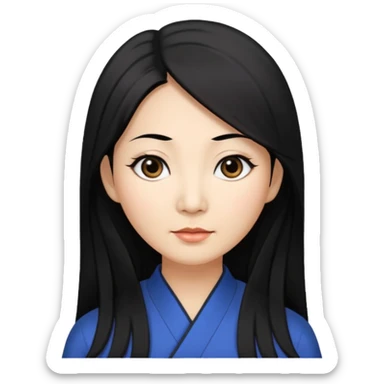 50 yr old asian woman, straight thick long black hair, big black, side part,  sticker