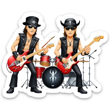 Icon for Rock Music: Scorpions live concert on stage with electric guitars, drums, and a powerful spotlight. Klaus Meine at the microphone, Rudolf Schenker and Matthias Jabs playing guitars, dynamic stage presence, and electric energy. Transparent background. sticker