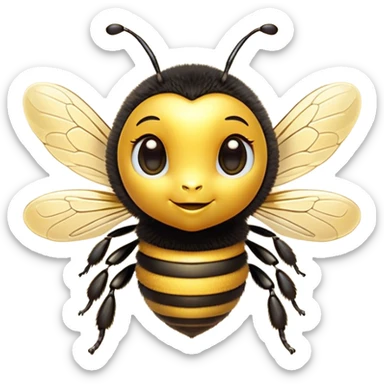 Cinematic Cute Bee Portrait Emoji, Head tilted playfully and inquisitively, featuring a delightfully small, fuzzy body with bright, shimmering eyes and adorable, delicate wings, Simplified yet irresistibly adorable features, highly detailed, glowing with a warm, inviting glow, high shine, affectionate and lively, stylized with a touch of whimsical honeyed charm, soft glowing outline, capturing the essence of a mischievous bee that seems as if it could buzz out of the screen into your arms! sticker