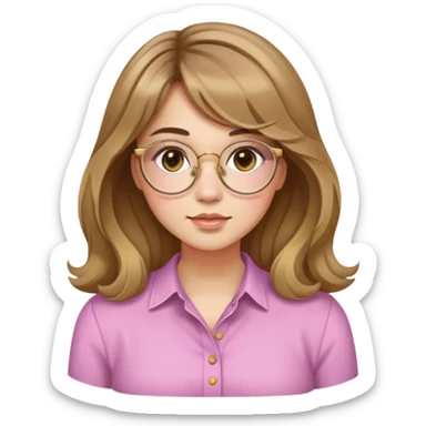 young adult woman with light skin, round face, prominent cheeks, medium plump body, long light brown hair with golden highlights, voluminous and wavy, long bangs over eyebrows, large octagonal glasses with thin golden or light pink frame, casual dark shirt sticker