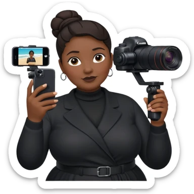 middle aged, plump woman photographer with dark hair, slicked back in a bun, wearing black clothes, carrying a canon r5, and an iPhone on a gimbal sticker