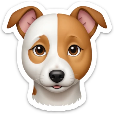 a fully white jack russell the size of a kelpie with a half white face sticker