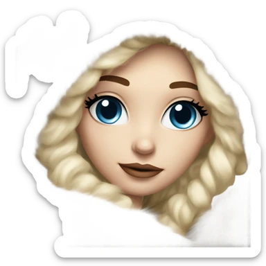 Beautiful Girl with lashes and blue eyes, blonde hair, in a extremely big fluffy oversized white fur coat with hood on. The fur is real and it’s very obvious big and fluffy  sticker