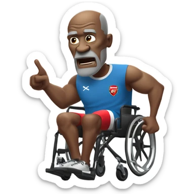 old black bald man with a protruding round pot belly in wheelchair. angry face. grey stubble. he is pointing finger in front. Arsenal soccer shirt. mouth word bubble sticker