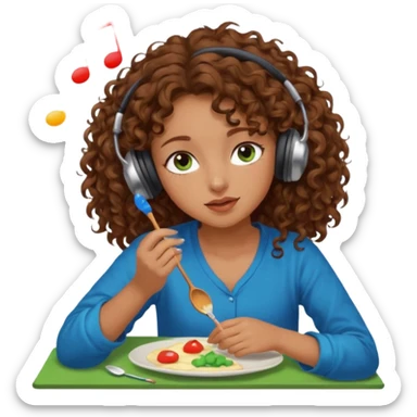 Brown curly hair girl blue green eyes painting sleeping eating dancing listening to misic sticker