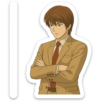 Create an exact Light Yagami in Ghibli style, standing with his arms crossed and looking slightly downward, wearing the same suit, with the same confident expression. Match the face, hair, and suit details exactly to the reference image. Transparent background. sticker