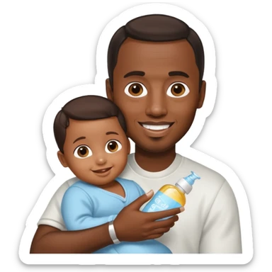 p diddy holding baby oil and a child sticker