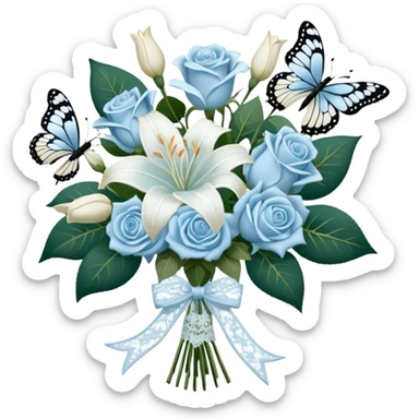 A classic bouquet of pale blue roses, delicate white lilies, and trailing jasmine, tied together with an embroidered ivory ribbon. A butterfly with lace-like wings hovers nearby, casting a soft, intricate shadow over the bouquet. sticker
