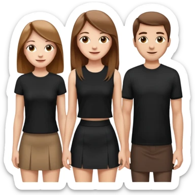emoji of a girl with long, straight light brown hair, fair skin, soft brown eyes. Wearing a stylish black top and mini skirt. Full-height, standing confidently with shoulders back, head up, smiling proudly. Surrounded by 3men and one woman next to her, looking at her with admiration. sticker