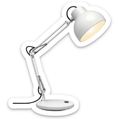 A small white desk lamp with a round base and a flexible, jointed neck. It leans forward playfully, like it’s alive, with a big circular light as its “head.” Iconic and full of character. sticker
